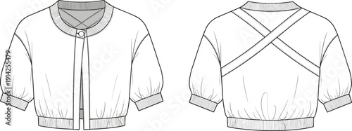 Women Cropped Bomber Jacket Fashion Technical Sketch, Short Sleeve Puff Blouson with Ribbed Trim and Cross Back Detail, CAD Flat Vector Illustration