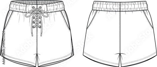 Women sporty lace up waist shorts with elastic waistband and pockets fashion technical sketch cad drawing flat vector illustration template