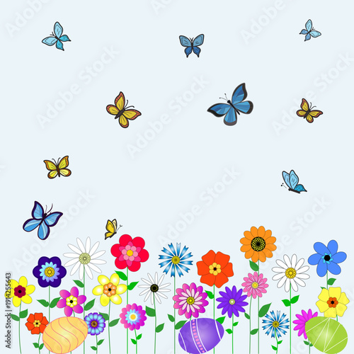 Bright spring meadow with colorful blooming flowers, flying butterflies and decorated Easter eggs hidden in the grass. Bright festive background with daisies, poppies and cornflowers under a clear sky