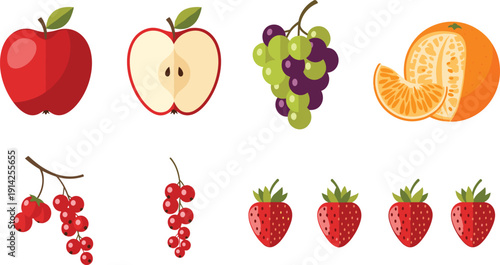 Fresh Fruit Vector Set with Apple Grapes Orange Strawberry Cherry and Red Currant Isolated Healthy Organic Food Collection for Market Design.
