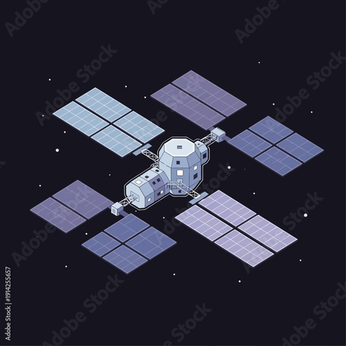 Pixel Art Space Station with Solar Panels in Orbit, Sci-Fi Satellite, Cosmic Exploration