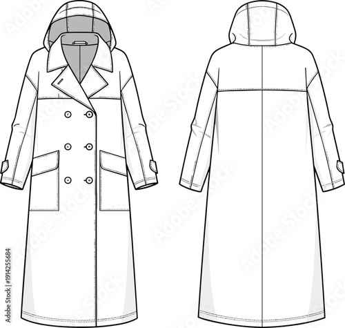 Women long double breasted hooded trench coat with pockets fashion technical sketch cad drawing flat vector illustration for apparel design