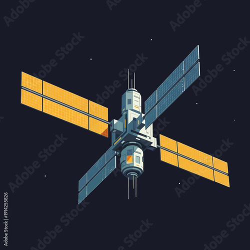 Space Satellite with Solar Panels in Orbit, Cosmic Exploration, Technology