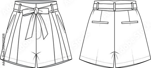 Women high waist pleated shorts with bow belt fashion technical sketch cad drawing flat vector illustration template for apparel design