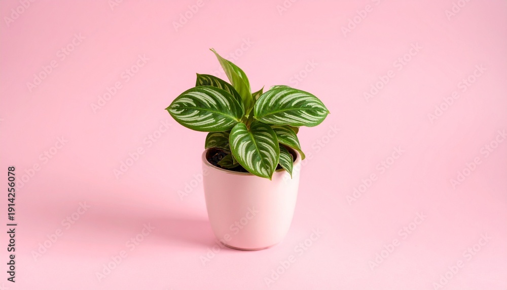 Fototapeta premium Potted striped-leaf plant on pink background