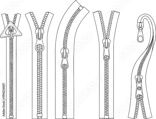 Metal zipper technical flat sketch set, apparel hardware fastener template, garment construction details, sewing accessories mockup, cad drawing flat vector illustration