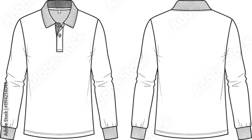 Long sleeve polo shirt technical flat sketch, front and back views, men's fashion CAD drawing, white blank jersey template, vector illustration.