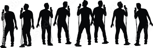 Silhouette of male singers with microphones, performing live concert, isolated on white background, music band concept illustration for stock photography