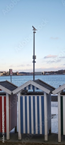 Badehäuschen und Möwe auf Laterne