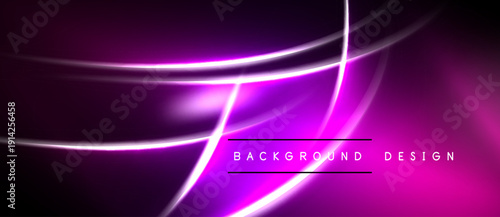 Abstract purple design features glowing lines, curves, shapes. Dark background enhances vibrant neon effect. Modern, dynamic composition.