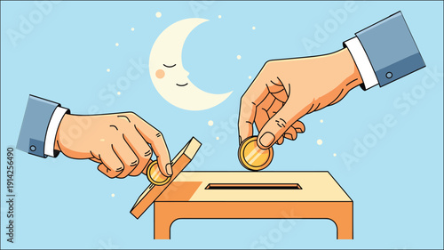 Vector illustration of hands placing coins into donation box with crescent moon and stars, symbolizing charity, giving, contribution, and communal support artwork