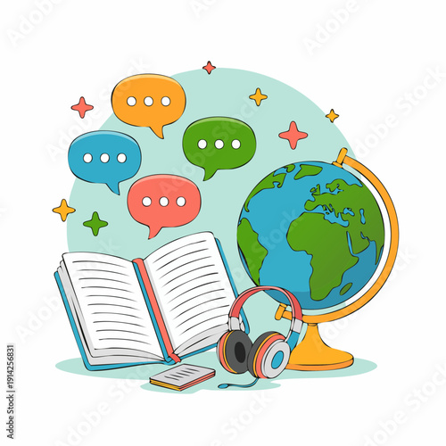 Global communication and education concept with open book, globe, headphones, and speech bubbles illustrating learning and discussion around the world.