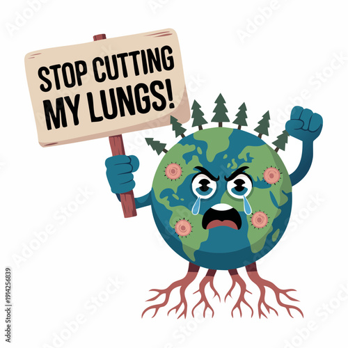 Cartoon Earth character holding a sign, protesting deforestation and environmental damage, illustration, activism,  anthropomorphic, outdoors, front view
