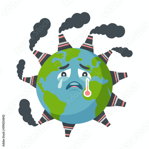 A distressed Earth with a thermometer in its mouth surrounded by polluting factories emitting smoke, viewed from a concerned perspective.