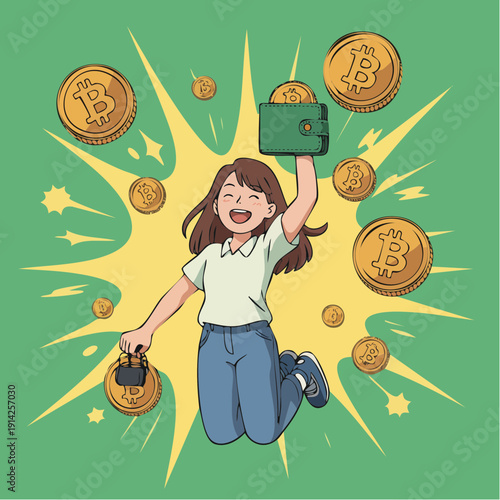 A young woman jumping in excitement, holding a wallet and surrounded by floating cryptocurrency coins in a vibrant green background from a dynamic viewpoint