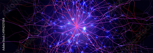 Brain Roots Neural Tree Background Neuron Burst Neuron Connection Lines Glowing Particles Net Pattern. AI Bio Chemical Connections Medical Science Innovative Technology Backdrop. Vector Illustration