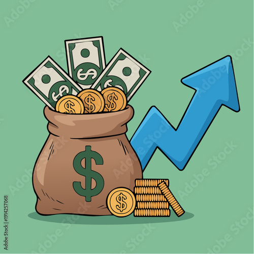 A brown sack overflowing with cash and coins, symbolizing financial growth and prosperity, viewed from the side with a rising arrow
