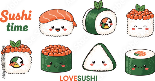 Cute sushi cartoon characters vector set. Kawaii nigiri, maki and onigiri faces. Adorable Japanese food flat illustration collection.