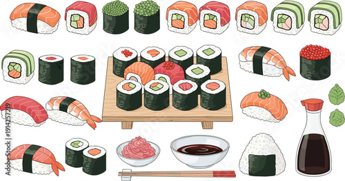 Sushi platter and ingredients vector set. Nigiri, maki rolls, soy sauce and chopsticks. Japanese cuisine flat illustration collection.