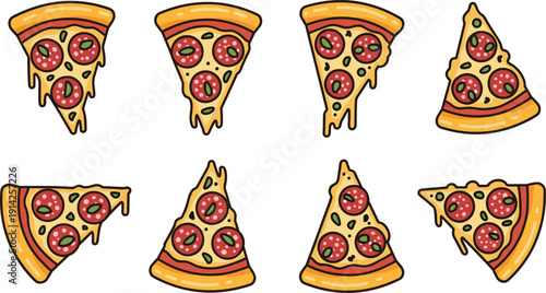 Pizza slice variations vector set. Pepperoni and cheese pieces with dripping crust. Italian fast food flat cartoon illustration.