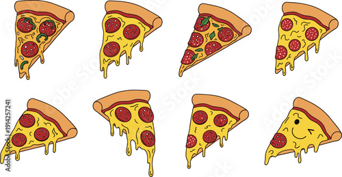 Pepperoni pizza slice collection vector set. Cheesy dripping Italian fast food pieces. Cartoon flat illustration pack.