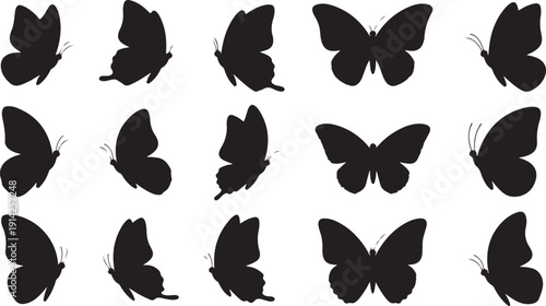 A collection of twelve black butterfly silhouettes in various poses and orientations