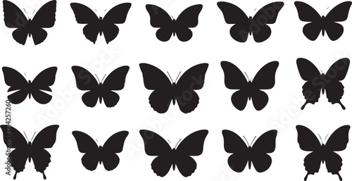 A collection of silhouetted butterflies in various poses and sizes