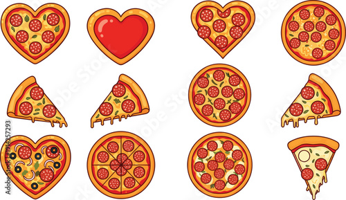 Heart shaped and round pizza vector set. Pepperoni slices and cheesy toppings. Cute Italian fast food flat illustration collection.
