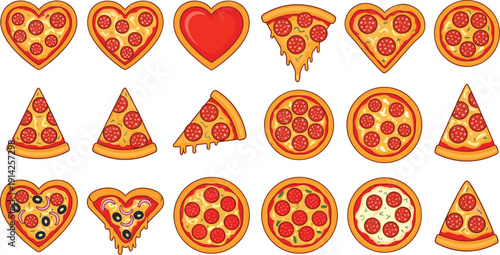 Pizza icons collection vector set. Heart and round pepperoni pies with slices. Cute Italian fast food flat illustration pack.
