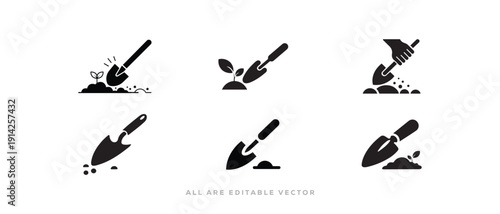 Gardening trowel icon set with plant and soil silhouette. Vector Illustration