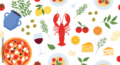 Mediterranean food seamless pattern vector. Pizza, lobster, wine, cheese and fresh herbs. Italian cuisine flat background illustration.