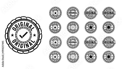A collection of black and white original stamps on a clean white background