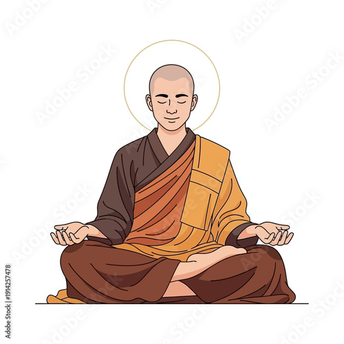 Buddhist Monk Meditating in Lotus Position with Halo - Serene Enlightenment