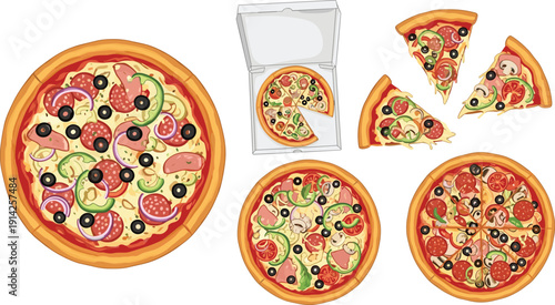 Pizza assortment with box vector set. Whole pies and slices with olives, salami and vegetables. Italian fast food flat illustration collection.