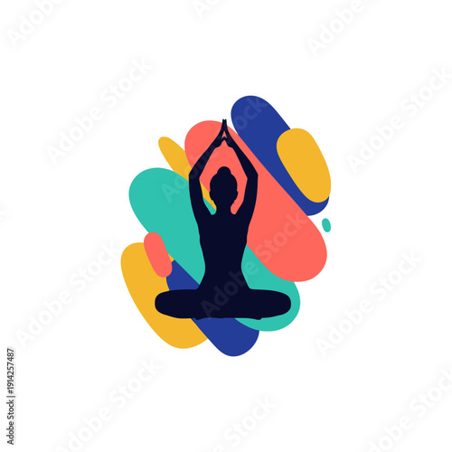 Silhouette of person in lotus yoga pose with colorful abstract blobs