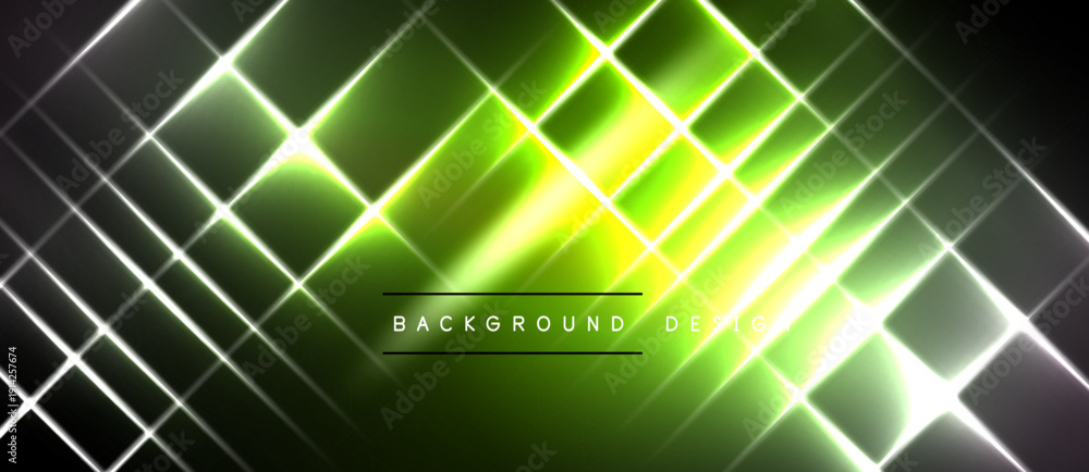 Obraz premium Bright geometric pattern. Green, yellow light creates dynamic grid effect. Dark background emphasizes glowing lines, modern design element.