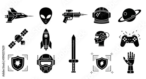 Sci-Fi Game Silhouette Icons Set – Futuristic Space and Cyber Vector Collection