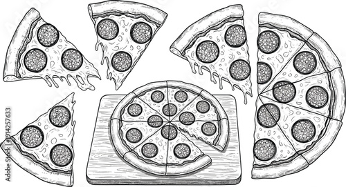 Hand drawn pizza sketch set. Whole pie and slices with pepperoni in vintage engraving style. Black and white food illustration.