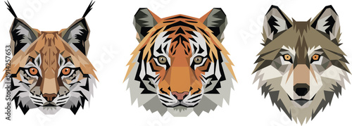Geometric polygonal stylized heads of a lynx tiger and wolf in a flat style animal