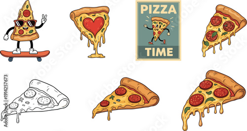 Pizza cartoon characters and slices vector set. Funny mascot, dripping cheese and pepperoni pieces. Fast food flat illustration collection.