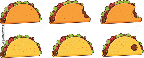 Cartoon taco collection vector set. Mexican fast food with beef, lettuce and tomato fillings. Flat street food illustration pack.