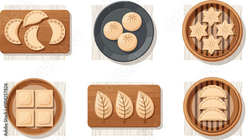 Top view dumplings vector set. Steamed buns and gyoza on wooden trays. Asian dim sum flat illustration collection.