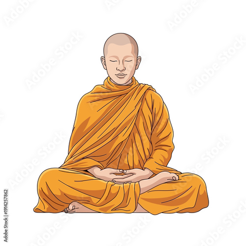 Buddhist monk meditating in lotus pose, serene, spiritual, orange robe, white background