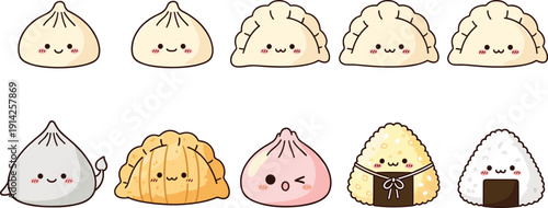 Cute kawaii dumplings and onigiri vector set. Smiling Asian food characters with pastel colors. Adorable cartoon mascot illustration collection.