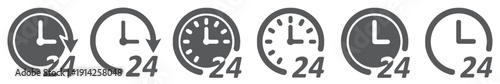 24 hour service clock icons in various styles and colors indicating continuous operation