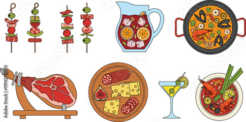 Spanish cuisine vector set. Tapas skewers, paella pan, sangria jug and jamon ham. Traditional Mediterranean food flat illustration collection.