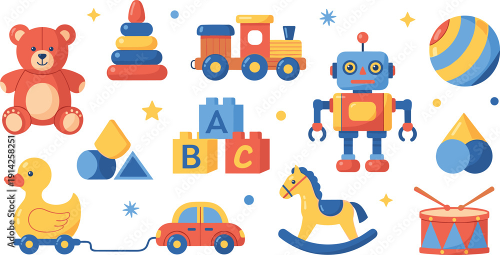 Fototapeta premium Kids Toys Vector Set with Teddy Bear Robot Train Blocks Drum Rocking Horse and Educational Playthings for Baby Shower and Nursery Design.