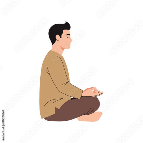 Man meditating cross-legged, serene, healthy lifestyle, mindfulness, yoga pose