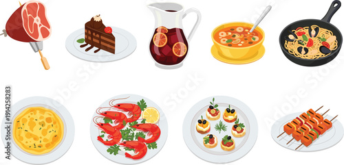 Delicious food collection vector set. Meat, seafood, pasta, desserts and drinks in flat style. Colorful restaurant menu illustration pack.