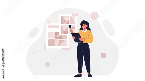 Woman Planning a Project or Presentation with Mood Board and Tablet
